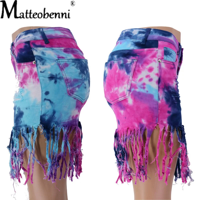 Women Shorts Pants Casual Ripped Tie Dye Print High Waist Shorts Jeans Female Club Party Shorts Denim Outfit Streetwear Trousers