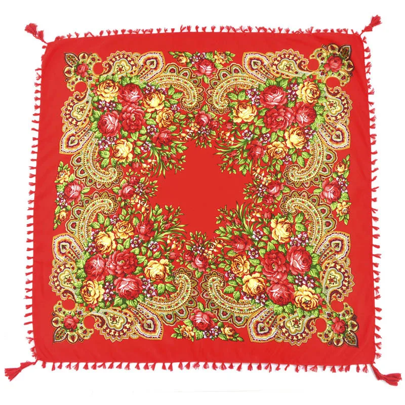 Осенне-зимний женский шарф с кисточками, хлопковая шаль, ретро принт, русская Этническая ручная обертка, теплое квадратное одеяло, шарф, бандана - Цвет: Red