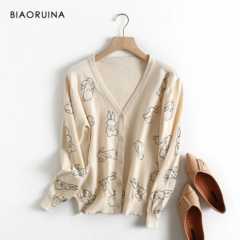 

BIAORUINA Women's Casual Rabbit Printing Single Breasted Knit Cardigans Female Korean Style V-neck Fashion Thin Sweater