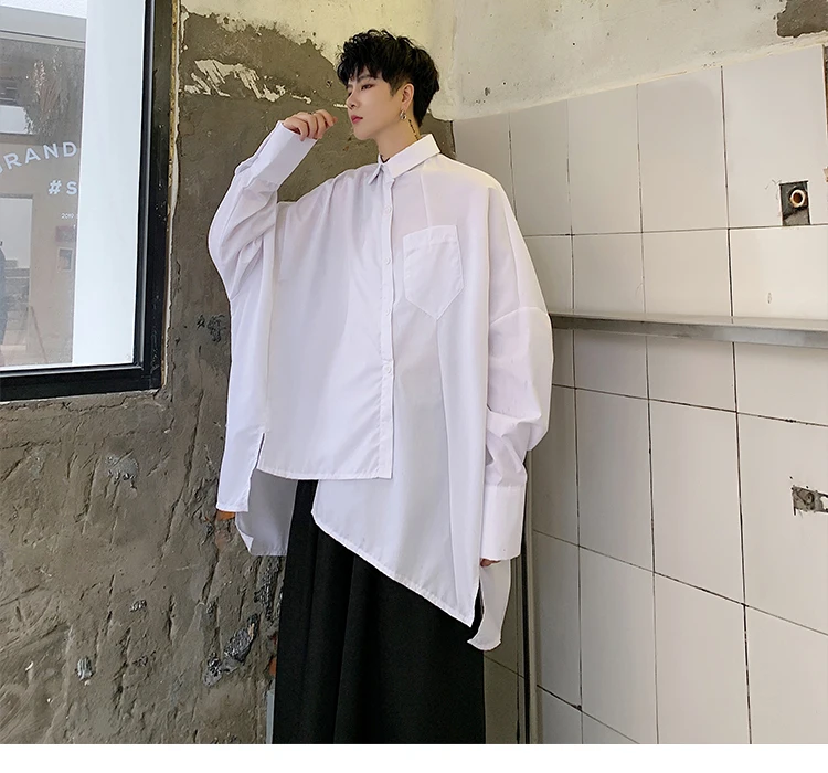 Men Oversized Long Sleeve Asymmetric Design Loose Black White Shirt Male Japan Streetwear Hip Hop Gothic Casual Shirts