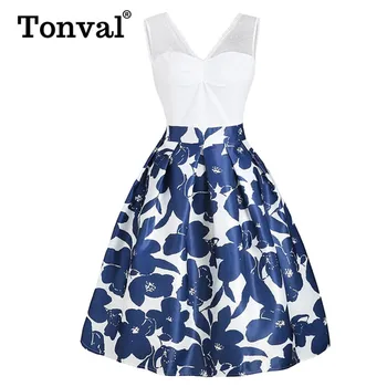 

Tonval Contrast Mesh Blue Flower High Waist Floral Sweetheart Dress Women V Neck Ruched Pleated Midi Vintage Dresses