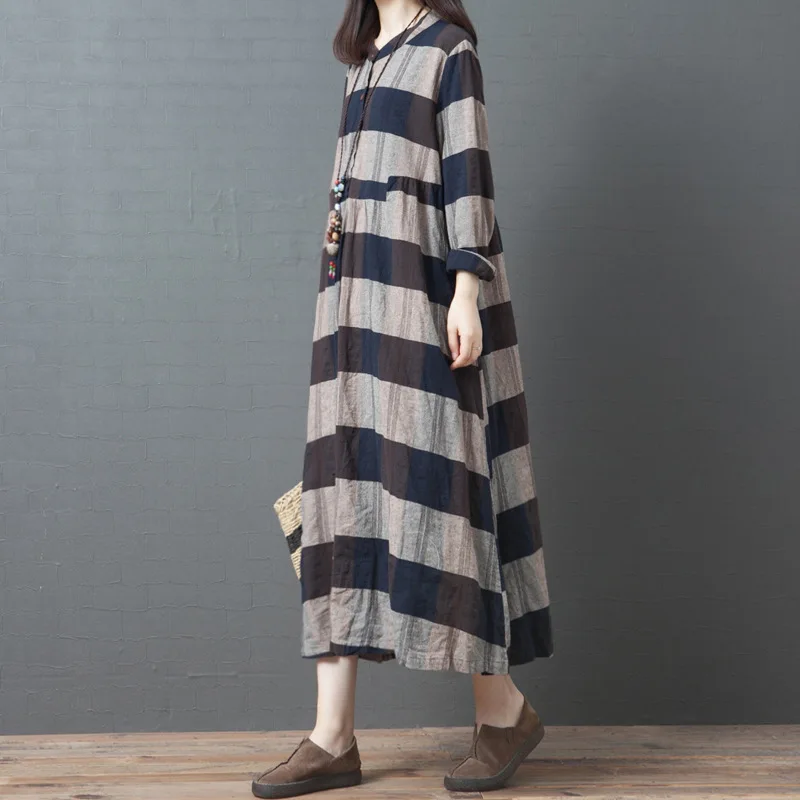 

Autumn Clothing New Style 2019 Retro Loose And Plus-sized WOMEN'S Dress Elegant Stripes Cotton Linen Long Sleeve by Age Big Heml