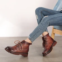 Г., осенние полусапожки женская обувь из натуральной кожи на шнуровке винтажные ботильоны на низком каблуке с круглым носком ручной работы
