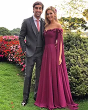 Formal Dresses Evening Wear Long Sleeves Off The Shoulder Appliques Chiffon Prom Dress Long Pleats Cheap African Party Gowns