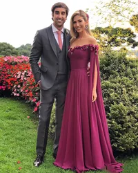 Formal Dresses Evening Wear Long Sleeves Off The Shoulder Appliques Chiffon Prom Dress Long Pleats Cheap African Party Gowns