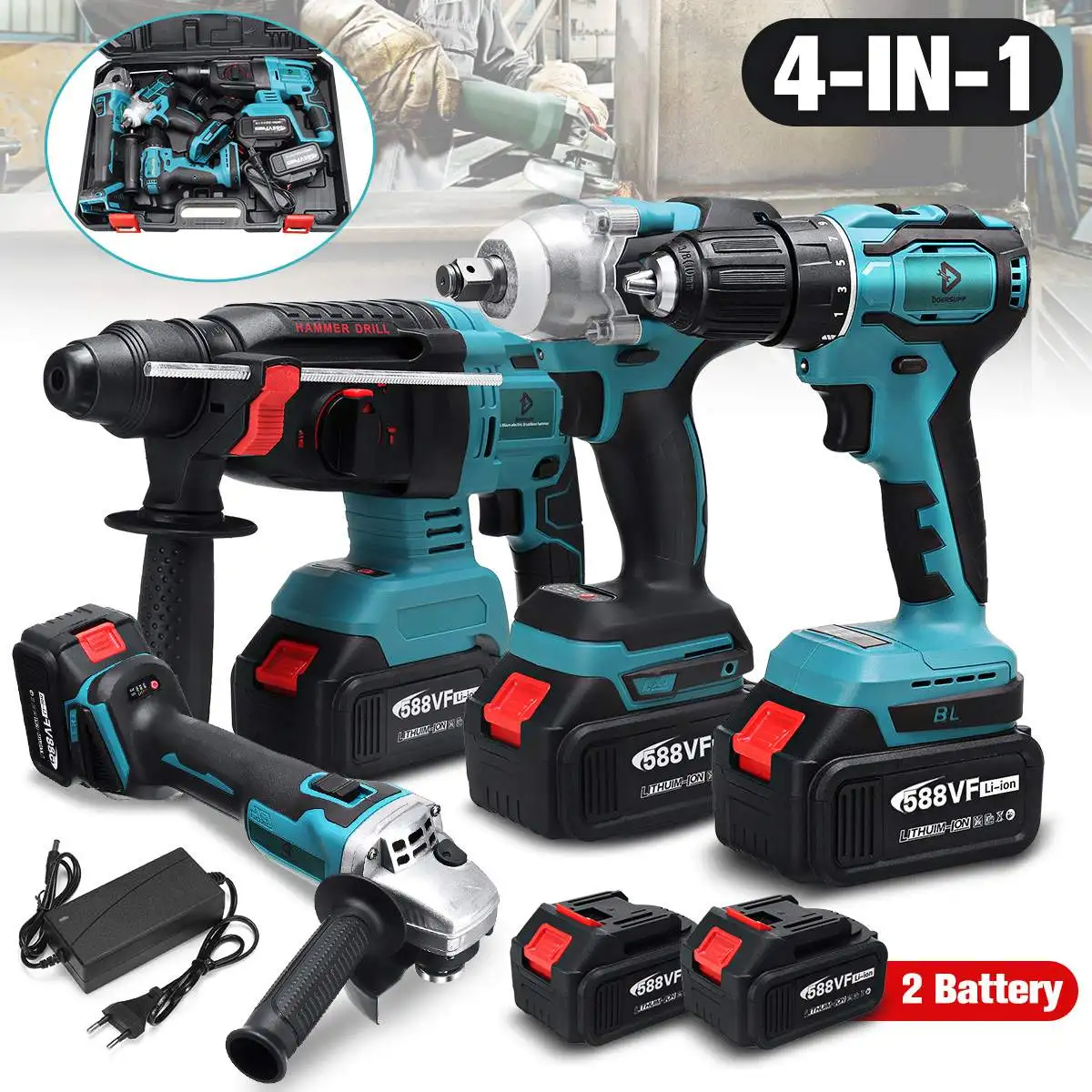 4 In 1 588Vf Multi-functional Electric Tool Set Wrench/Electric Drill/Rotary Hammer/Angle Grinder For Makita Battery | Инструменты