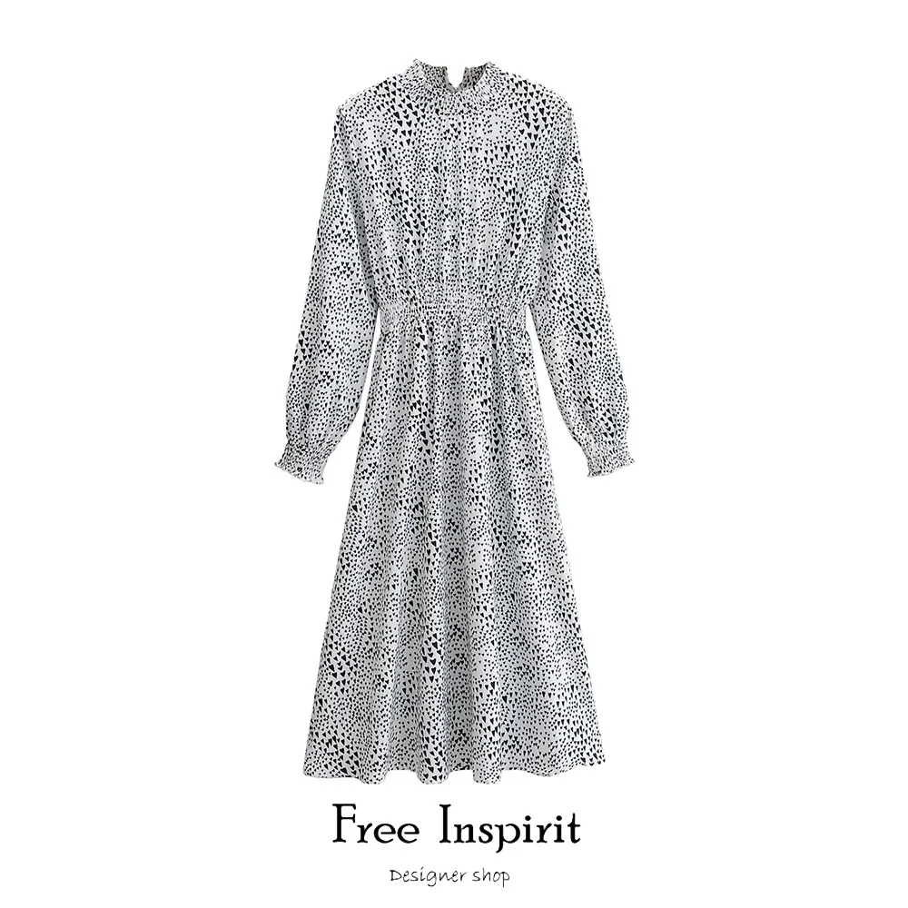 

Free Inspirit Autumn New Arrival Women's Dress Casual Style Full Sleeve Print Loose Dress Stand Collar Ankle-length Dress