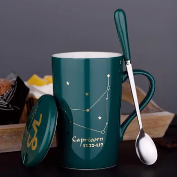 

Ceramic Mug 12 Constellations Creative Coffee Mug with Spoon Lid Black Blue Drinkware Porcelain Milk Latte Coffee Cup for Gift