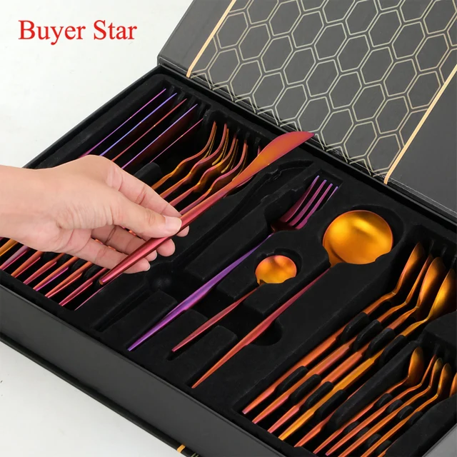 24Db Rozsdamentes Acél Arany Asztali Edények Villa Kanálkés Evőeszközök Szett 6 Étkészlet Vacsora Szálloda Ajándékdoboz - Image 2