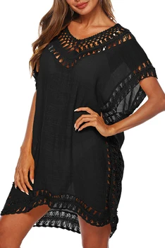 

New Women's Loose Casual Outwear 2020 Solid T-shirt Swimsuit Beachwear Cover UP For Swimwear Hollow Out Beach Dress