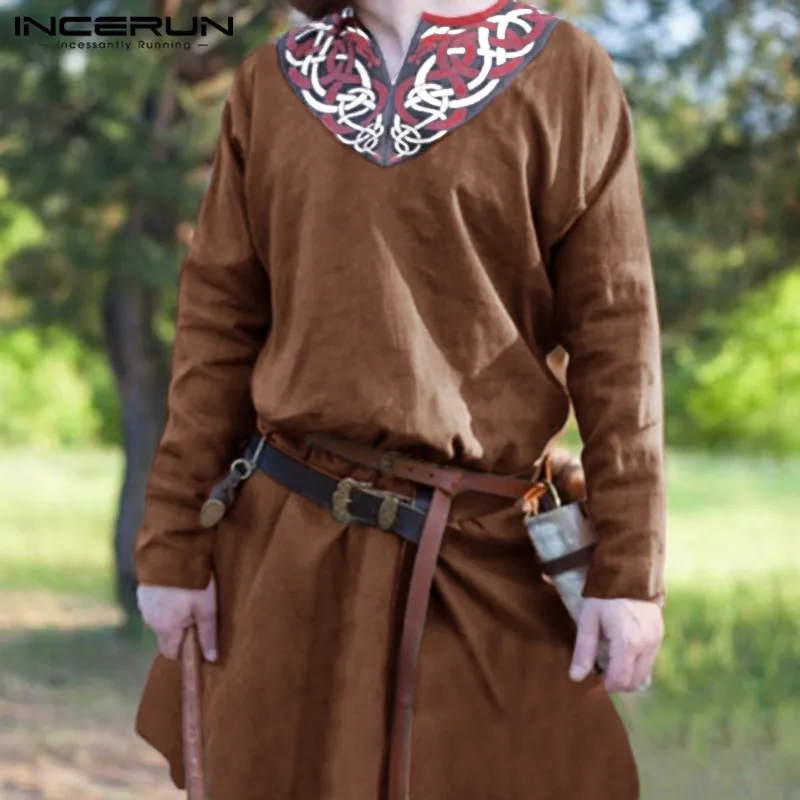 INCERUN Men Retro Shirts Long Sleeve Printed Vintage Casual Shirts Men Cosplay Long Tops