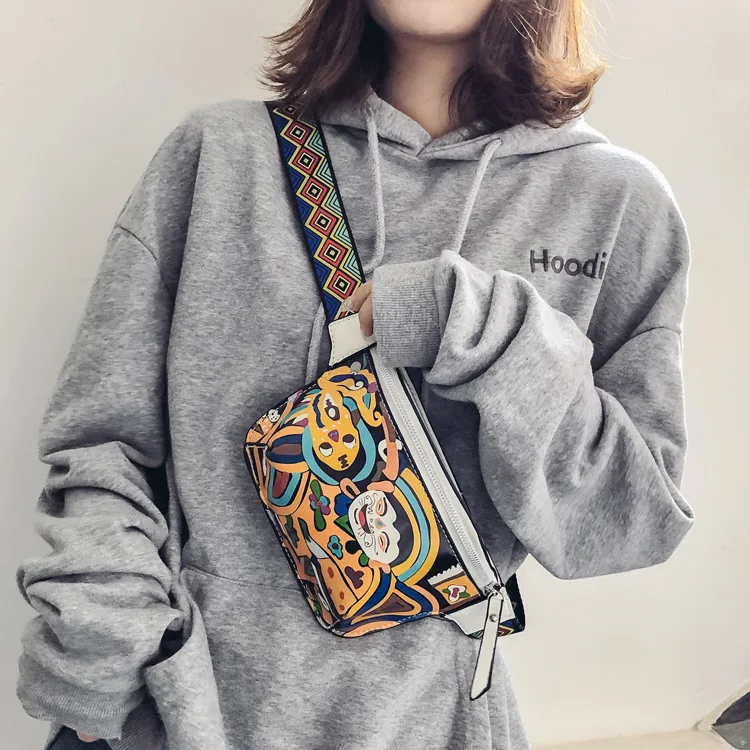 

Casual Ladies PU Leather Shoulder Bags Cartoon Printing Waist Purse All-match Women's Chest Bags