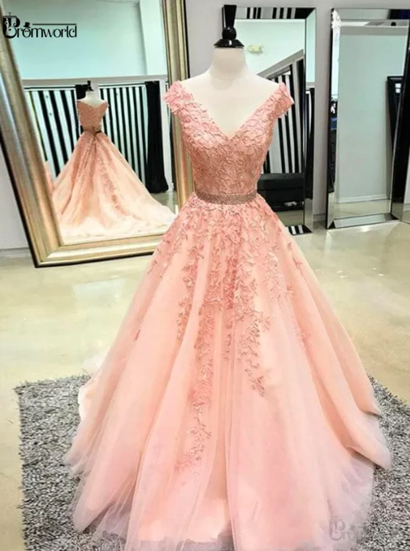 Розовое кружевное платье с v-образным вырезом и аппликацией из бисера, платье для выпускного вечера с рукавом-крылышком, длинное платье, Vestidos De Fiesta Largos Elegantes De Gala