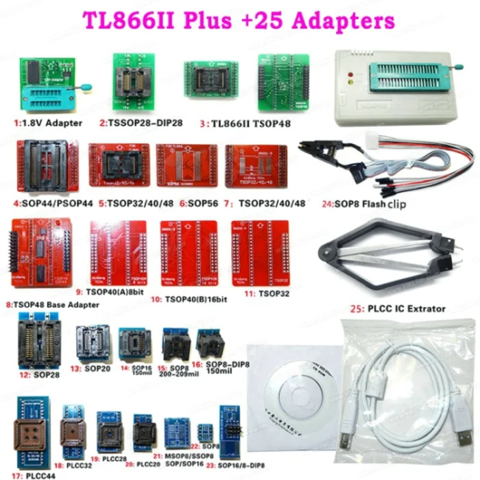 Minipro TL866II плюс USB Универсальный программатор поддержка NAND Flash AVR MCU GAL PIC SPI+ 25 Адаптеры с Зажим для экстрактора - Цвет: TL866II Plus 25Items