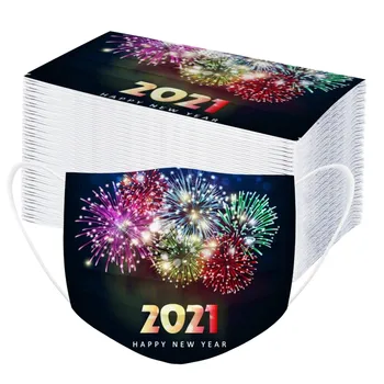 

100pcs Adult Mouth Mask Disposable 2021 Happy New Years Print Face Mask Non-woven Meltblown 3 Ply Filter Breathable Mask Masque