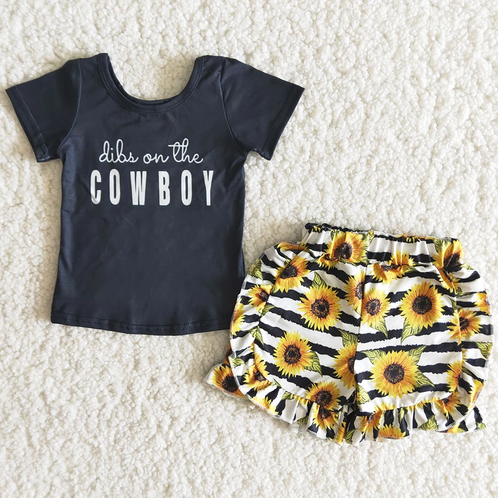 

Summer Little Girls Clothing Ruffle Shorts Sets Sunflower Boutique Baby Girl Clothes Cowboy Cute Wholesale Children Clothing Set