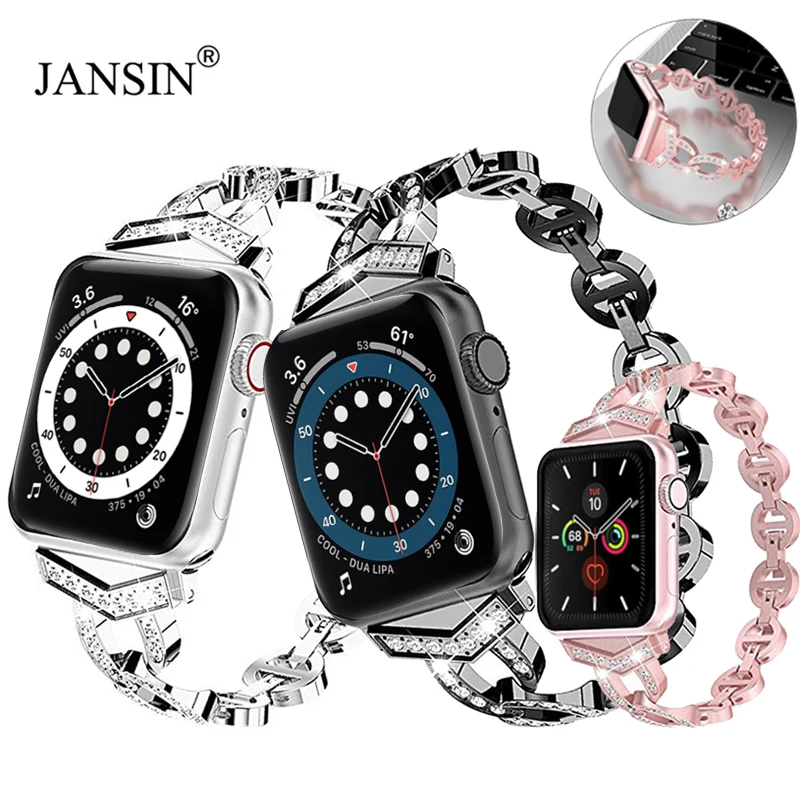 Ремешок из нержавеющей стали для Apple Watch band 44 мм 42 40 38 бриллиантовый ремешок iwatch SE