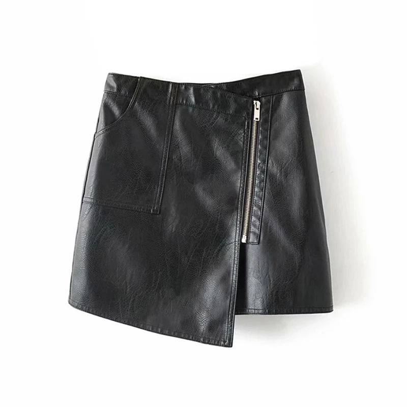 Асимметричная Женская Однотонная юбка из искусственной кожи, модные женские мини юбки на молнии, весенне-Летняя Сексуальная короткая одежда из искусственной кожи - Color: Black