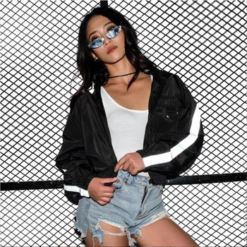 

2019 Spring Autumn Fashion Hooded Striped Windbreaker Jacket Crop Zipper Black Casual Long Sleeves Feminino Coats Outwear Short