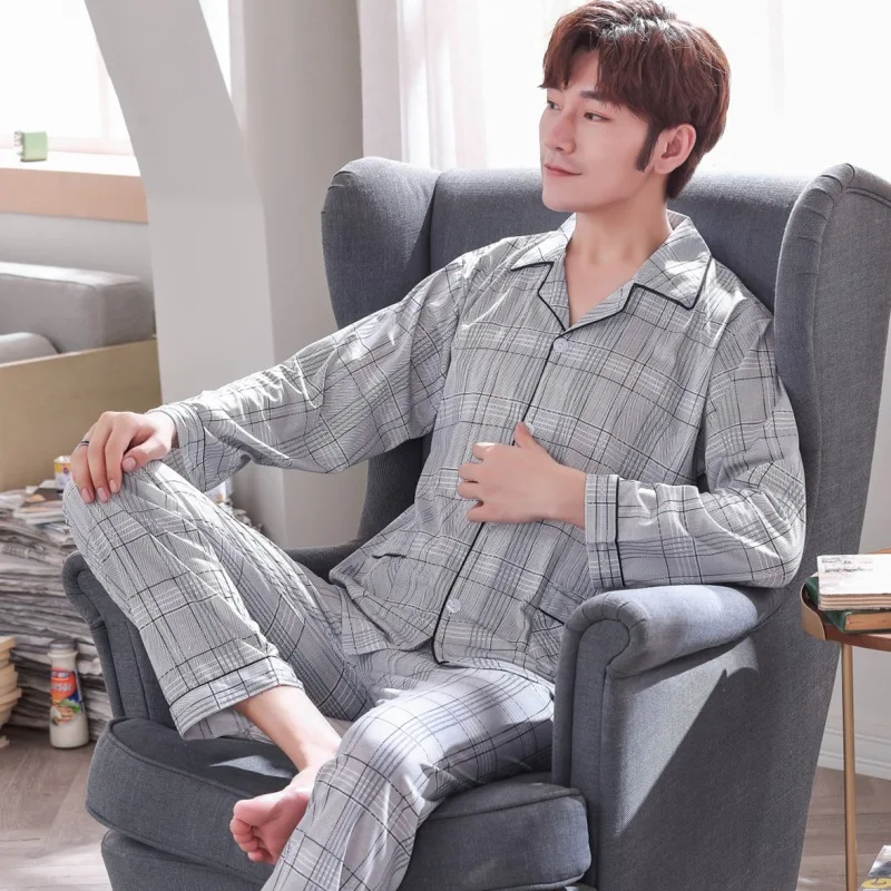

New Style Autumn Men Pajamas Men's Thin Summer Long Sleeve Cotton Spring And Autumn Holly Years Homewear Set 4908