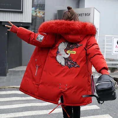 Зимняя парка куртка больших размеров женская корейская мода длинное теплое хлопковое пальто с пузырьками длинная куртка с капюшоном из искусственного меха уличная одежда - Цвет: Red 1