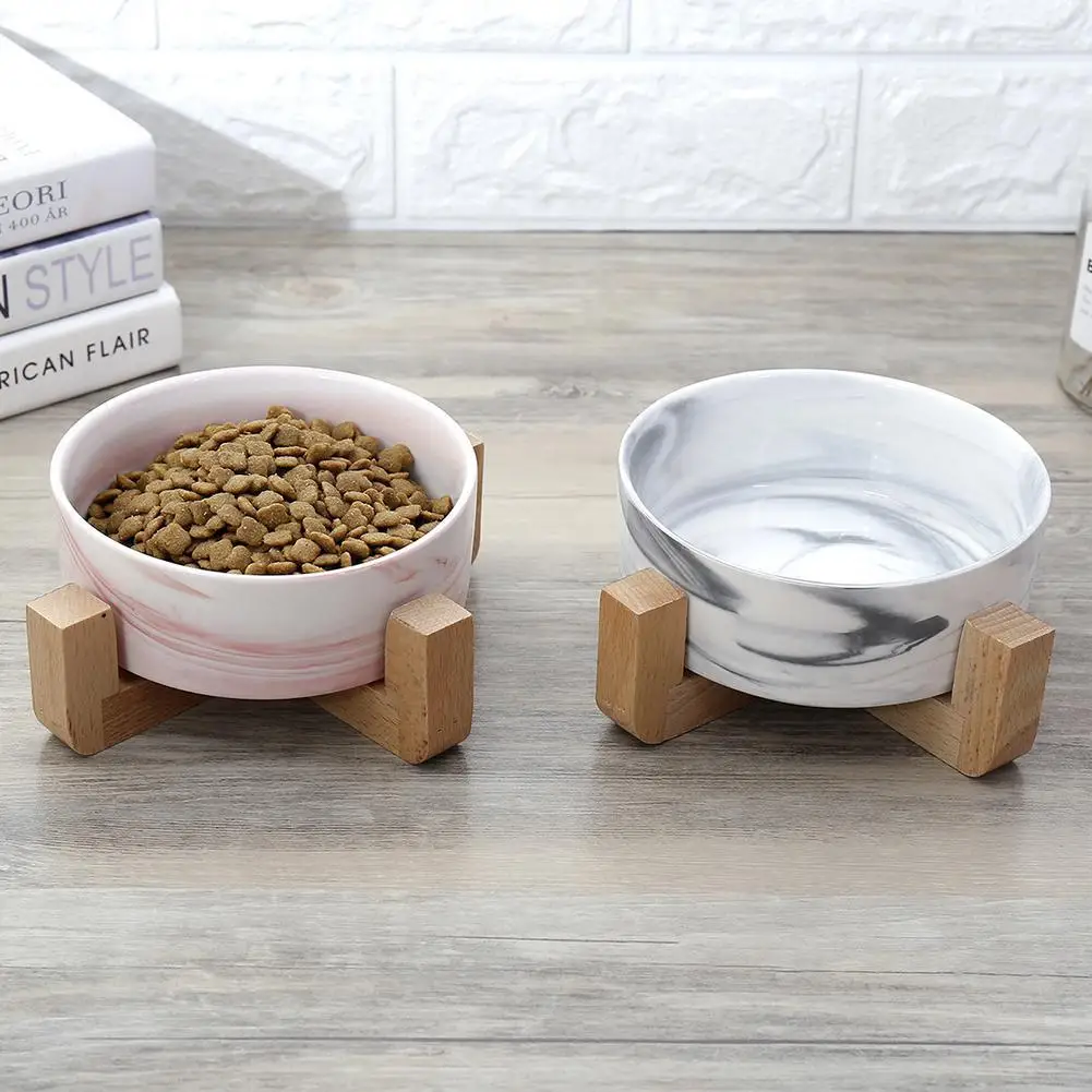 Marbling Ceramic Bowl with Wooden Rack for Pet Food Water Drinking Feeder | Дом и сад
