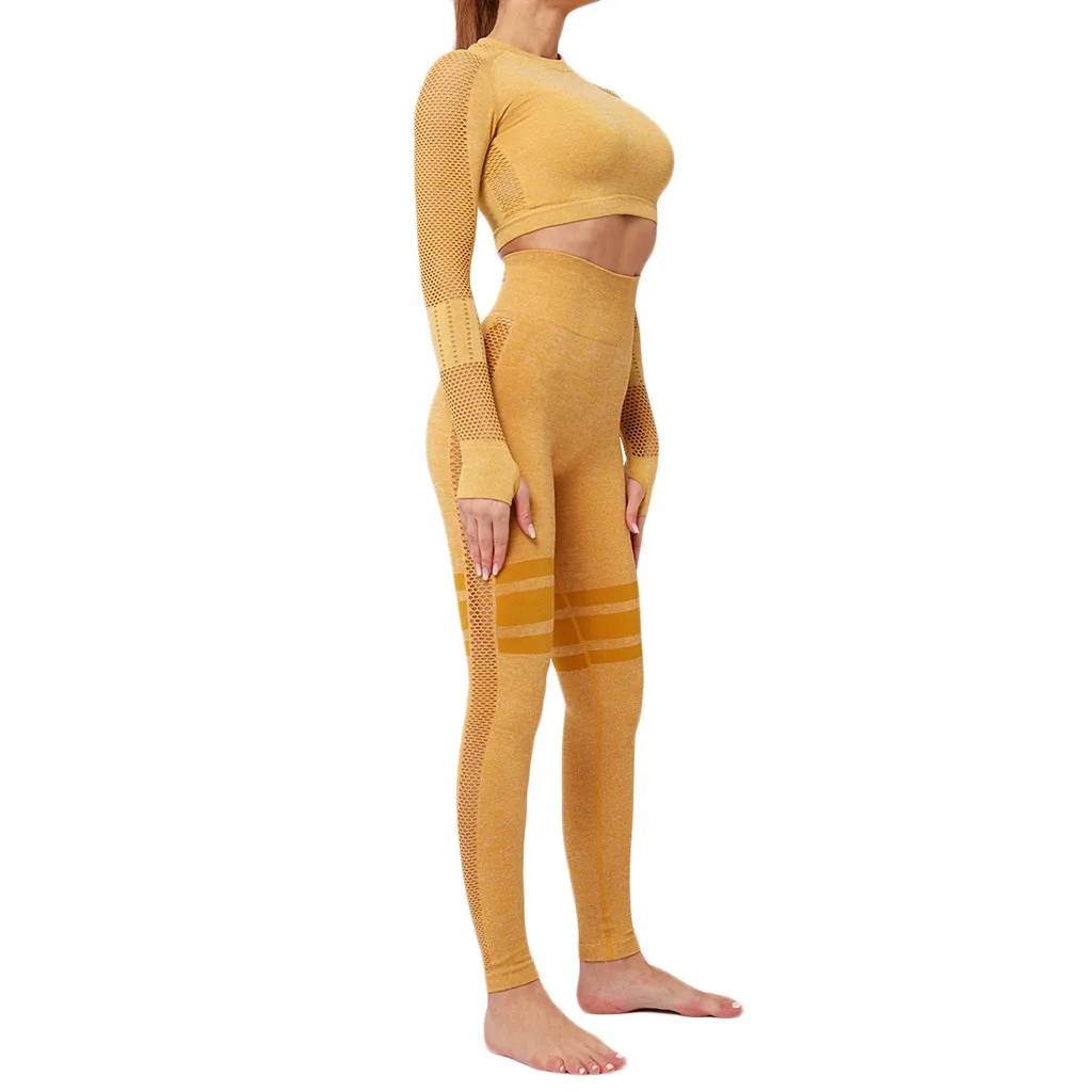 Женская спортивная одежда, бесшовная, для йоги, 2 предмета, высокая талия, штаны для бега, для фитнеса, тренировки, рубашка с длинным рукавом, сетчатый, для пупка, для йоги, набор# gh - Цвет: Цвет: желтый