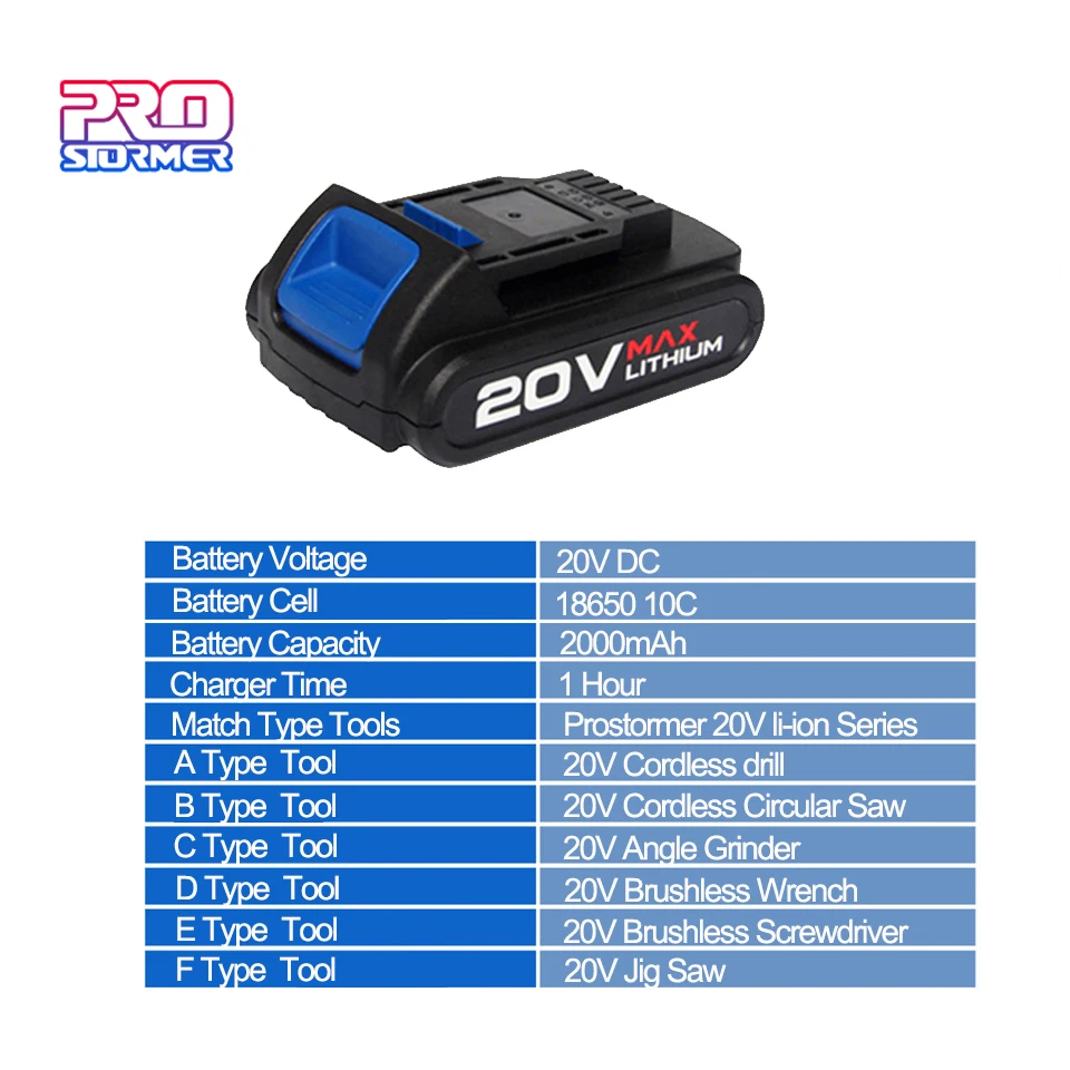 PROSTORMER 2000 мАч/4000 мАч работа на 20 в литий-ионная серия Dirll/бесщеточный ключ/отвертка/циркулярная пила/угловая шлифовальная машина