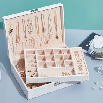 

Lockable Jewelry Box Storage Box Large-Capacity Jewelry Ring Earrings Necklace Earrings Leather Stall Dustproof Finishing Box