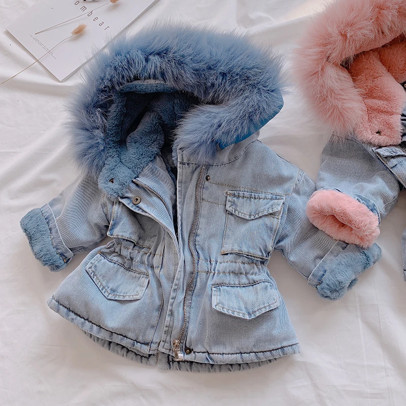 Зимняя джинсовая куртка для маленьких девочек, Вельветовая теплая верхняя одежда с капюшоном и мехом для малышей, пальто парка для малышей от 1 до 6 лет, ветровка