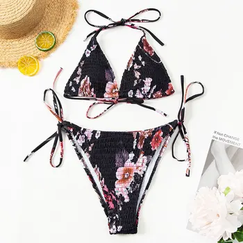 

Mossha Micro bikini set String Halter swimsuit female Bandage bathing suit Floral print bikini 2020 Sexy swimwear women biquini