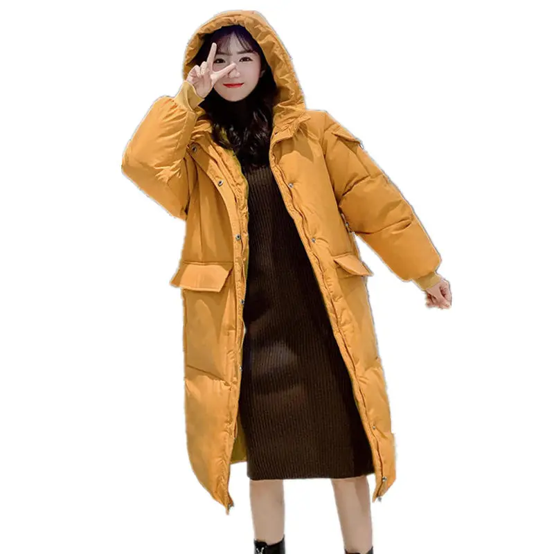 3XL Long Down Cotton Coat Women Clothes Loose Parka Warm Black Winter Jacket Padded Solid Hooded Pocket Winter Coat Women Q2110