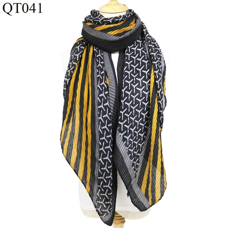 Зимний женский шарф с принтом, новые плиссированные контрастные обертывания и шали, женский модный полосатый хлопковый шарф, хиджаб палантины
