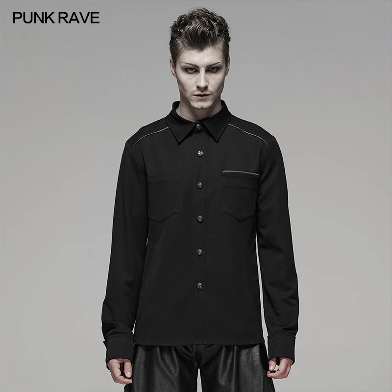 

PUNK RAVE Men's Punk Light Zipper Shirt Cotton Black Long Sleeve Casual Streetwear Party Personality Mens Shirt