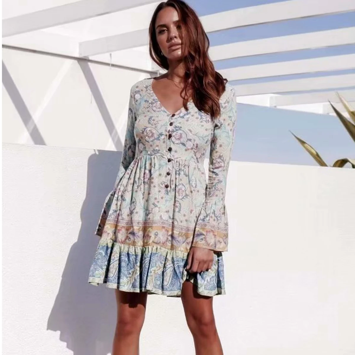 

Vintage Floral Print Women Mini Dress Fall 2019 VNeck Button Patchwork Contrast Color Ruffle Dresses Retro Vacation Ethnic Dress