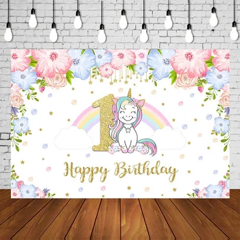 

pink floral unicorn gold glitter kids 1st birthday party backdrop baby girl baby shower photo background table wall Decor SM-640