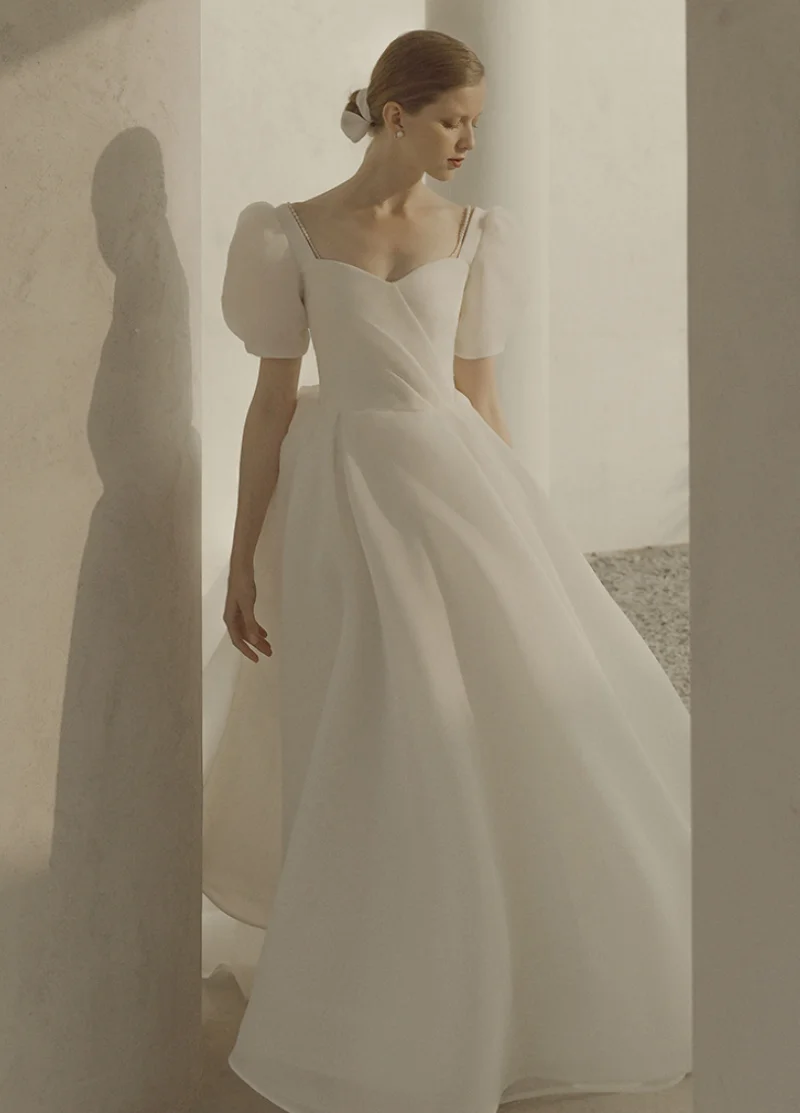 short wedding dresses 2021 Korea Style Sweetheart Puffy Sleeve Satin A-Line Backless Simple Plain Wedding Dress Bride Gown Vestidos De Novia bridal shower dress