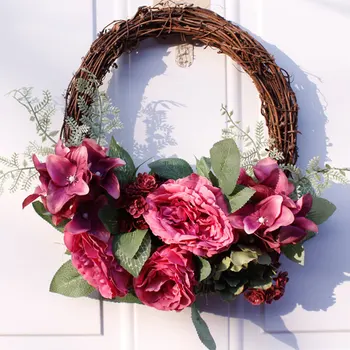

Simulation Rose Flower Wreath Silk Spring Artificial Wreath Plant Vine Decor Front Door Wall Hanging Window Wedding Party Decor