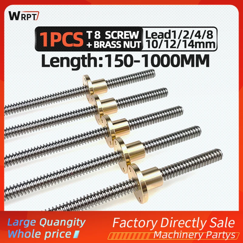 

CNC 3D printer 1PCS T8 trapezoidal rod lead screw thread 8mm lead 1/ 2 / 4 / 8 / 10 / 12 / 14mm with brass nut, L=150MM-1000MM