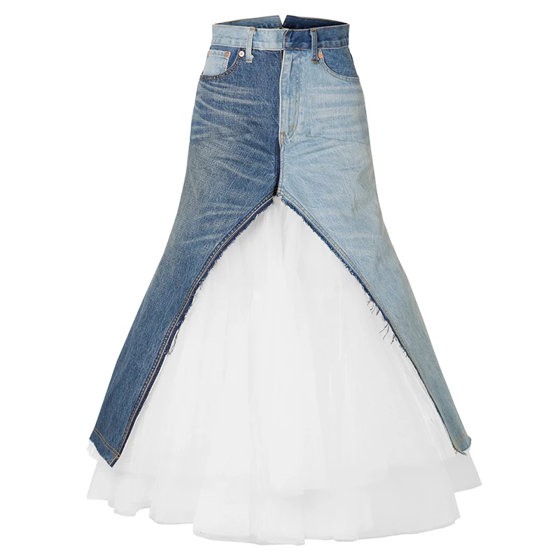 MIAOQINGCasualnetfabricpatchworkwomensdresshighwaistedcolorcontrastdenimirregularmediumlengthskirtwomensfashion2019summernewstyl