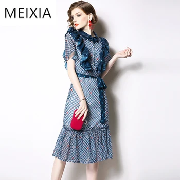 

MEIXIA Summer Casual Dress women Dot Ruffle Turn-down Collar Button Shirt dresses Flare Sleeve Belt Mermaid Ruffle Hem Dress