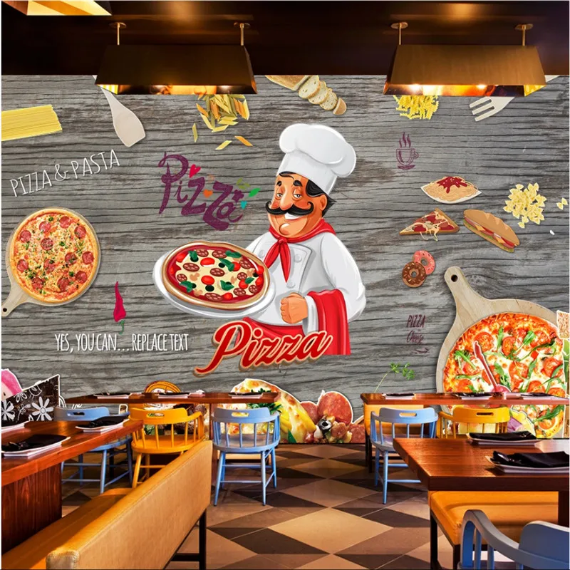 Custom Retro Woodgrain Pizza Store Wall Paper 3D Cartoon Pizza Fast