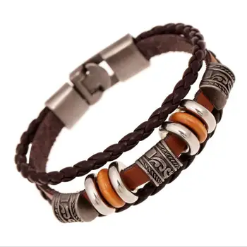 

Lucky Men's Leather Bracelet Wood Beads Charm Multilayer Braided Bracelets Vintage Bangles Women Pulseira Masculina Wholesale