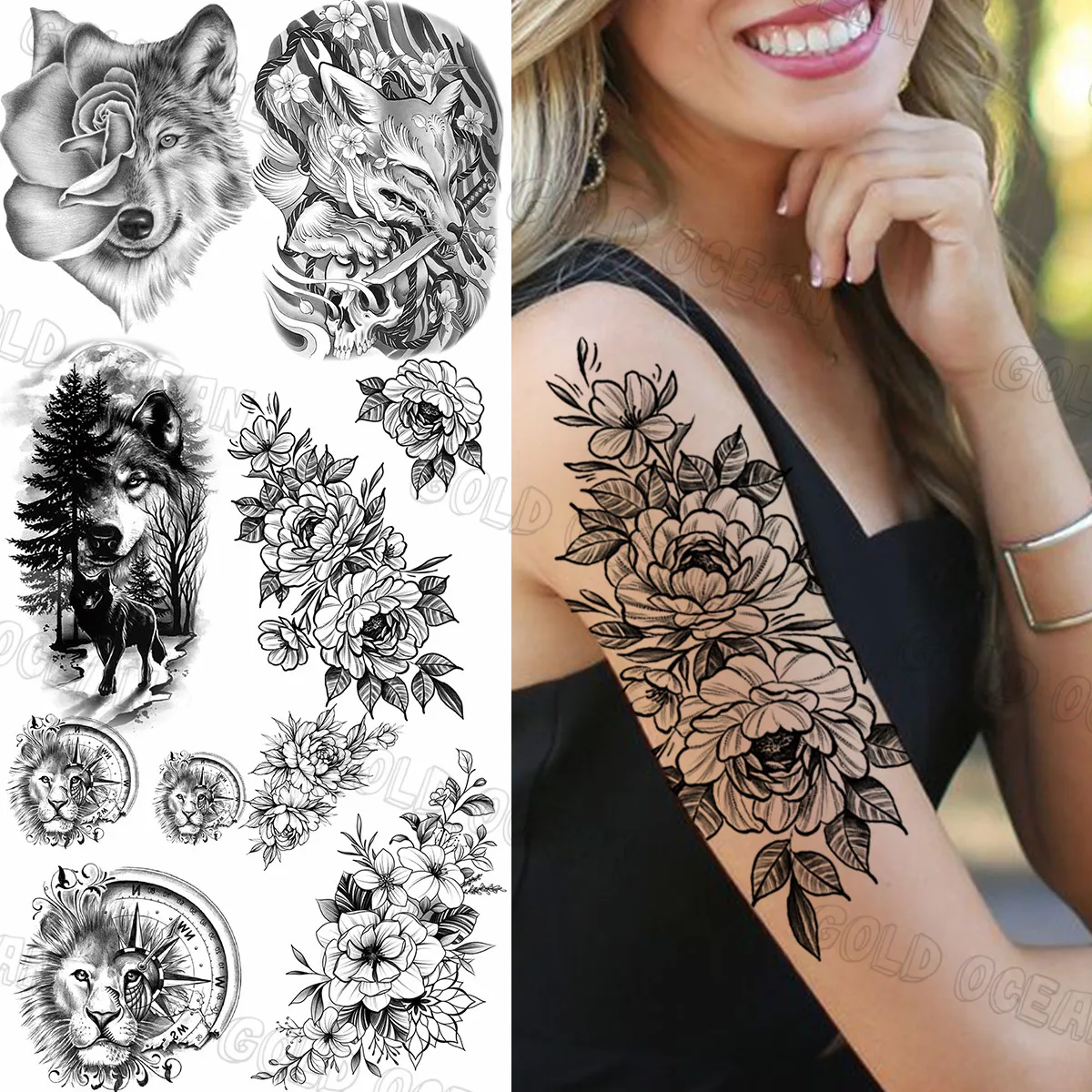 

Large Dahlia Temporary Tattoos For Women Adults Realistic Fox Rose Wolf Lion Compass Fake Tattoo Sticker Back Tatoos Arm