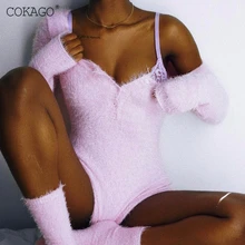 COKAGO, сексуальный женский боди с длинным рукавом, осень, теплый, на пуговицах, v-образный вырез, мишка тедди, милые Боди для женщин, короткий комбинезон для женщин