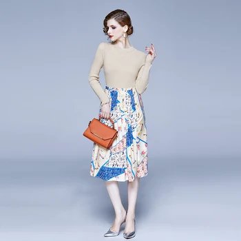 

Autumn 2 Peice Set Women Long Sleeve High Collar Sweater Shirt +Elastic Waist Pleated Skirt Suit Women Two Piece Outfits K2027