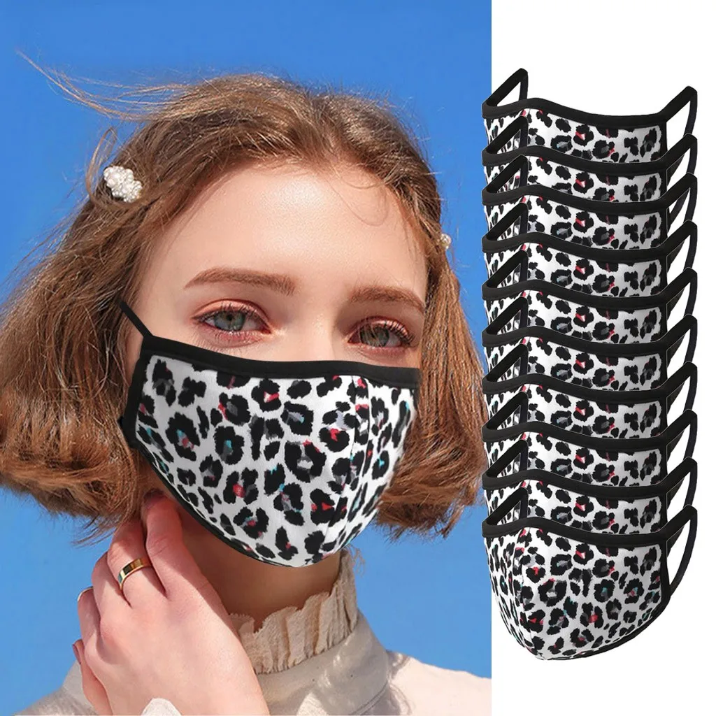 10PCS Leopard Print Camouflage Womens Fashionable Cycling Face Mask Washable Reusable Cloth Cotton-lined Inside Fashion Masque | Спорт и