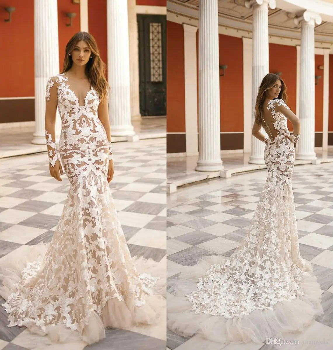 

Sexy Mermaid Lace Wedding Dresses With Long Sleeve Appliqued Tulle Illusion Bodice Wedding Gowns Bridal Dress Vestidos De Nnovia