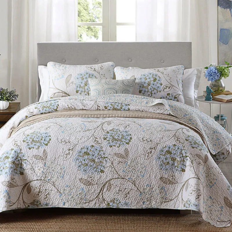 

American Pastoral Flower Print Bed Cover Quilt Set 100% Cotton Quilted Bedspread Queen Double 3-piece Pillowcase Blanket