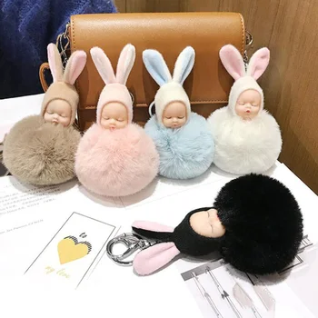 

30pcs/lot Plush Dolls Keychains Lovely Rabbit Ear Sleeping Baby Key Ring Creative Gift Fashion Jewelry For Girls Bag Decoration